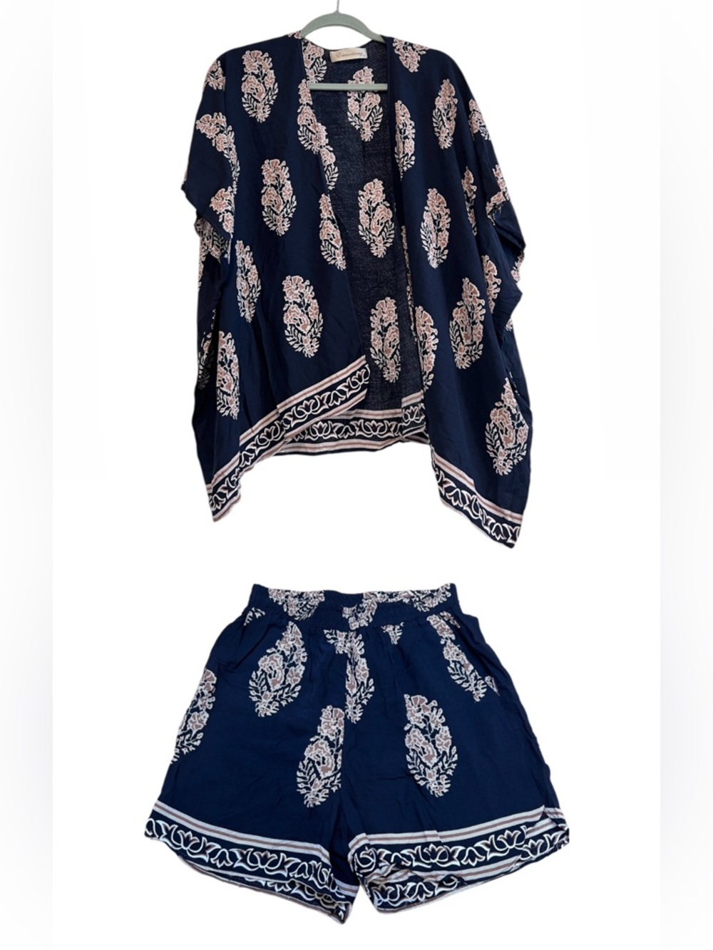 Extraordinary BKT 2pc Set Kimono Cardigan & Shorts Navy Blue Floral Boho S/M